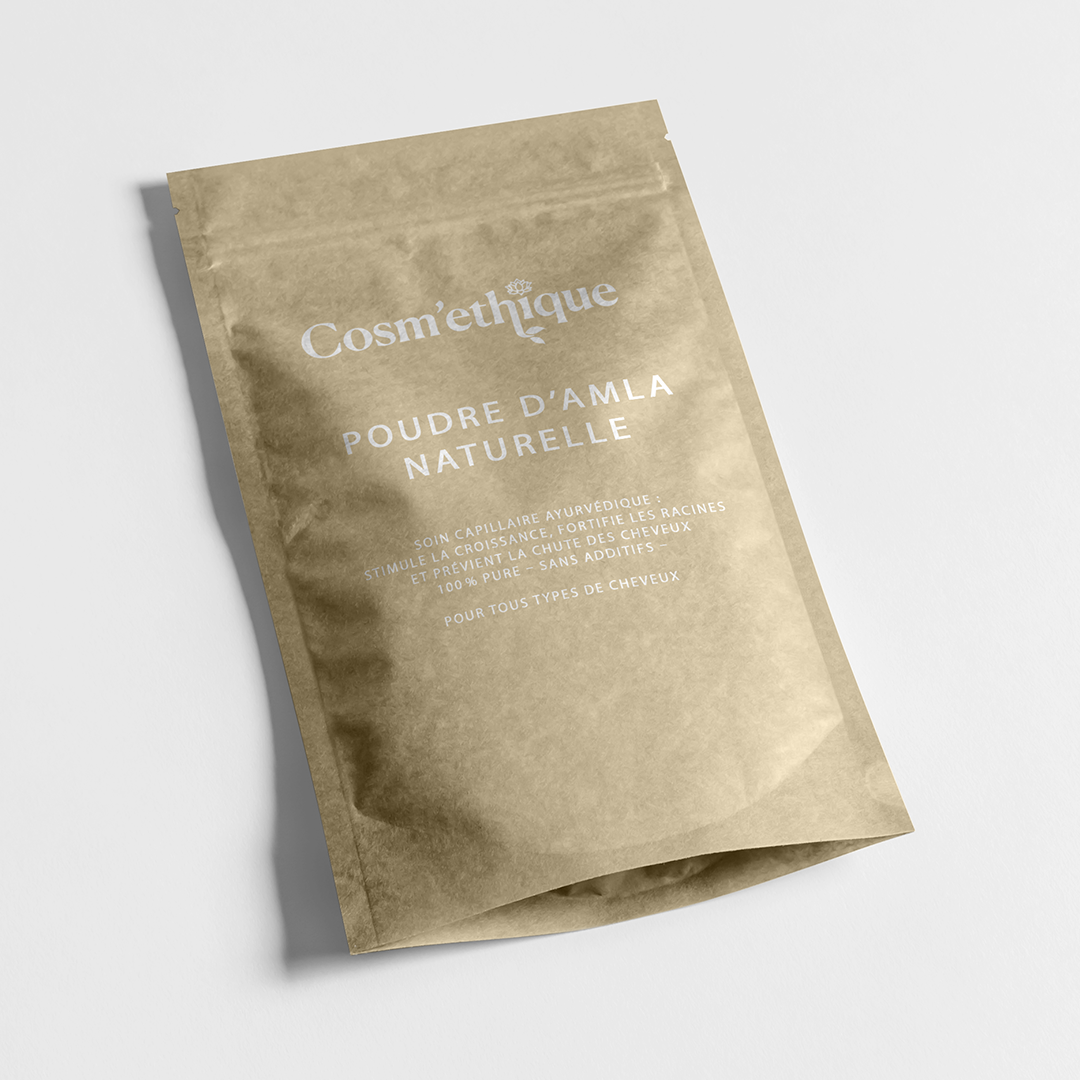 Poudre d'amla naturelle dans un sachet en carton